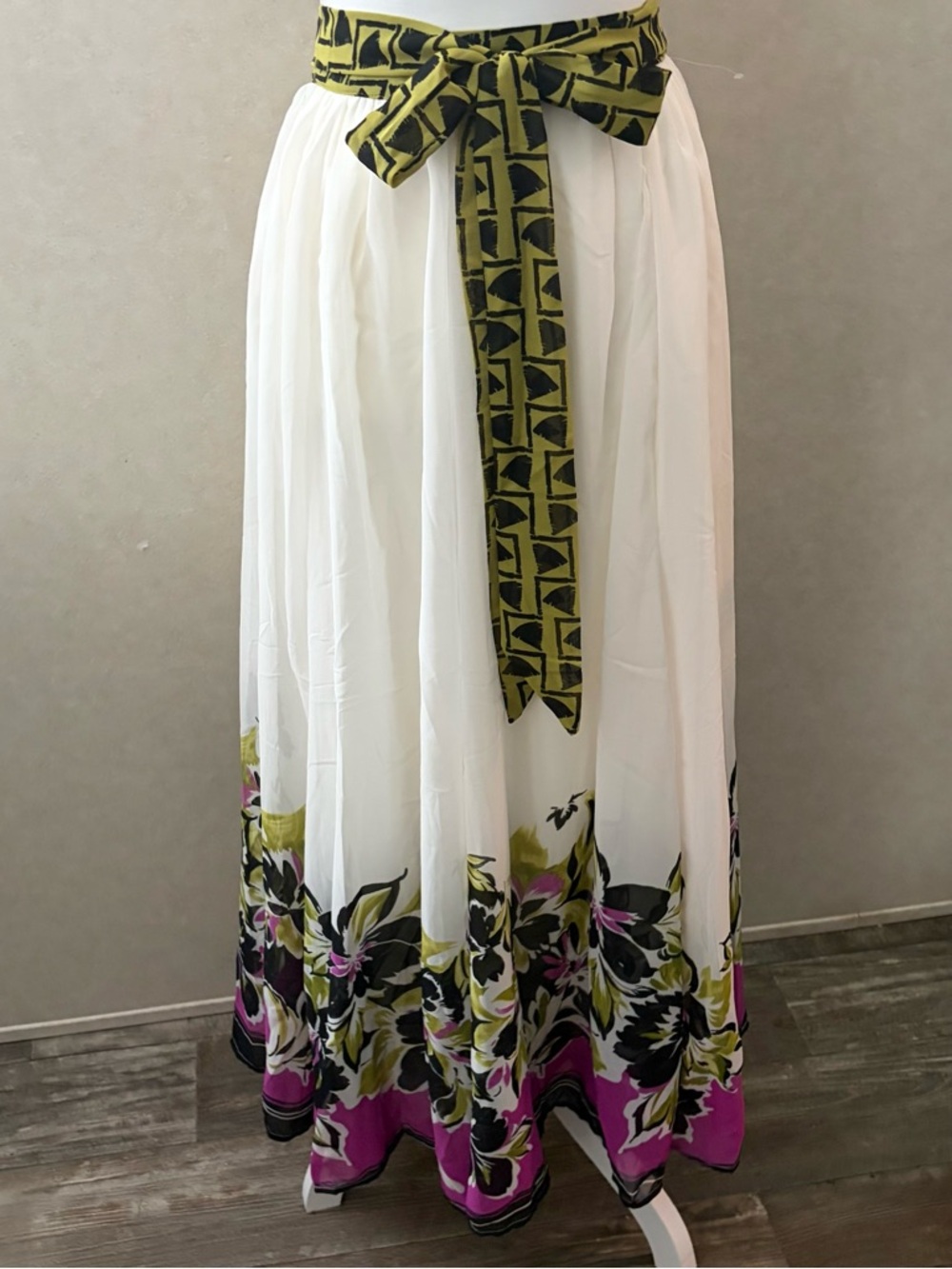 White Floral Border Maxi Skirt with Olive Tie Waist